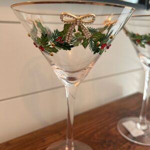 Hand Painted Holiday Wreath Martini Glasses w/Gold Bows, Rim & Embellishments